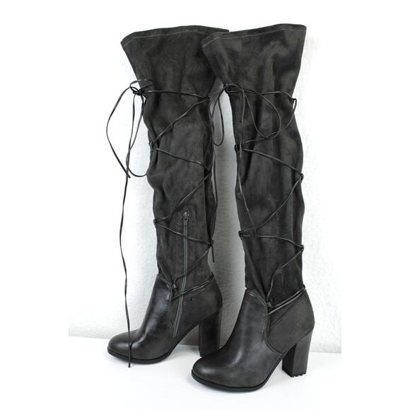 Leila Stone Rayne Suede Lace Up Zip Tall Boots Women 6 Block Heel 3.5" Dark Gray - Picture 2 of 15